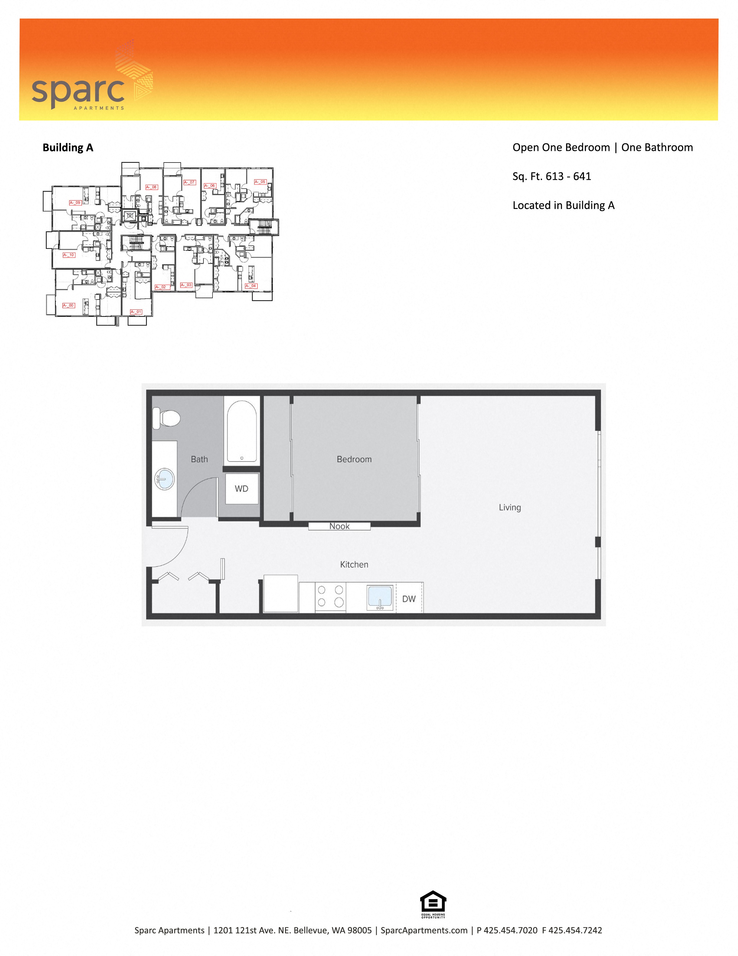 Floor plan for 1 bed, 1 bath, 620 sqft